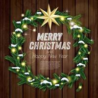 Christmas Wreath with Green Fir Branch, Light Garland and Golden Star on Wooden Background. vector