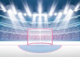 estadio de hockey sobre hielo con focos y gol rojo. vector