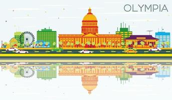 Olympia Skyline with Color Buildings, Blue Sky and Reflections. vector