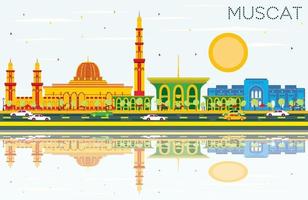 Muscat Skyline with Color Buildings, Blue Sky and Reflections. vector