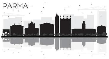 Parma City skyline black and white silhouette with reflections. vector