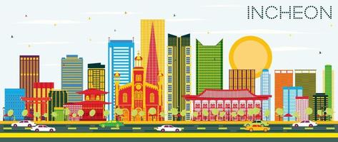 Incheon Skyline with Color Buildings and Blue Sky. vector