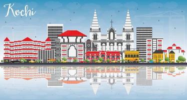 Kochi Skyline with Color Buildings, Blue Sky and Reflections. vector