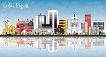 Cedar Rapids Iowa Skyline with Color Buildings, Blue Sky and Reflections. vector