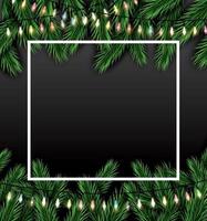 Christmas Card with Fir Branches, Neon Garland and White Frame. vector