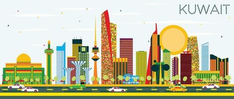 Kuwait Skyline with Color Buildings and Blue Sky. vector