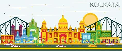 Kolkata Skyline with Color Landmarks and Blue Sky. vector