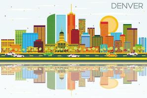 Denver Skyline with Color Buildings, Blue Sky and Reflections. vector