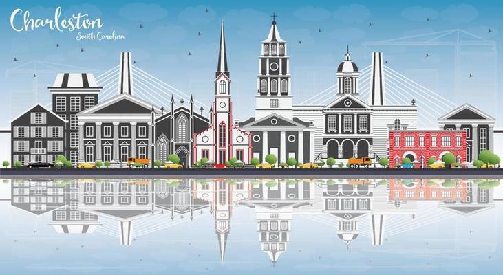 Charleston South Carolina Skyline with Gray Buildings, Blue Sky and Reflections.