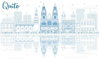 Outline Quito Skyline with Blue Buildings and Reflections. vector