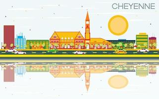 Cheyenne Skyline with Color Buildings, Blue Sky and Reflections. vector