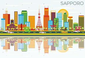 Sapporo Skyline with Color Buildings, Blue Sky and Reflections. vector