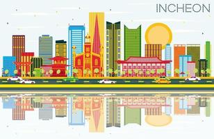 Incheon Skyline with Color Buildings, Blue Sky and Reflections. vector