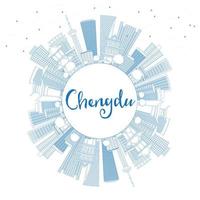 Outline Chengdu Skyline with Blue Buildings and Copy Space. vector