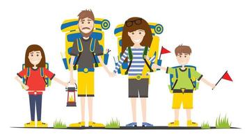 Tourists with Backpacks Isolated on White. Camping Family. vector