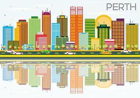 Perth Skyline with Color Buildings, Blue Sky and Reflections. vector