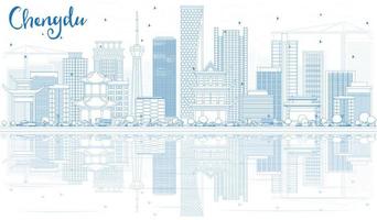 Outline Chengdu Skyline with Blue Buildings and Reflections. vector