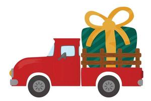 Red truck carrying a big Christmas gift box. Vector illustration isolated on white background.