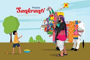 feliz sankranti festival ilustración niño cometa voladora, un buey decorado también conocido como basava con su maestro gangireddollu vector