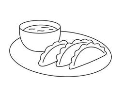 Japanese gyoza or Jiaozi dumplings on the plate with dipping sauce. Simple black and white hand drawn outline vector illustration. Contour drawing