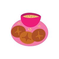 Baati of baffia hard Indian round bread with with hot dal soup. Simple hand drawn doodle. Childish drawing. Indian food vector