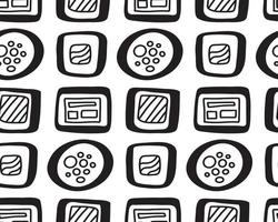 hand drawn abstract geometric sushi doodle Stylized seamless pattern background. Asian food black and white backdrop, wallpaper, print. repeat texture. vector