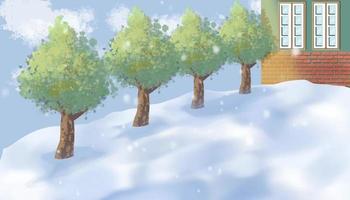 Cartoon animation, winter season in a village full of snow falling on tree and in front of house. video