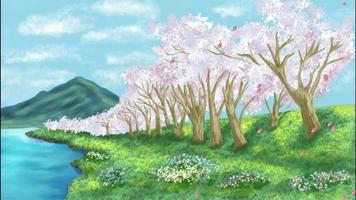 Falling sakura petals, mountain and lake background view, cartoon animation. video