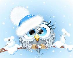 Cute winter girl cartoon Owl in winter blue hat sitting on tree branch under snowfall with funny mouse snowman's