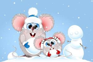 Cartoon funny two mice playing under winter snowfall and making snowman. vector