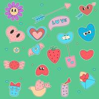 Set of various patches pins stamps or stickers set of vector love icon sticker funny cute comic