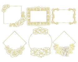 elemento de corona de flores con colección de marco floral dorado e ilustración de arte de línea dibujada a mano vector