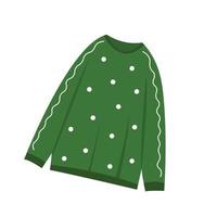 Green knitted sweater illustration with white lines and polka dots decorations. vector