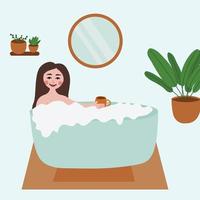 Beautiful young woman taking bath in bath tube and drinking cup of coffee. Bathroom illustration for print. vector