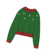 Green Christmas sweater with red decorations isolated. Flat vector illustration of knitted sweatshirt.