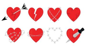 Broken heart icon set. A heart in barbed wire, a broken heart, a chained heart. Valentine vector illustration.