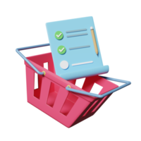 3d pink shopping carts, basket with clipboard, checklist png