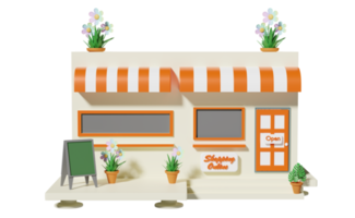 café de magasin de bâtiment avec enseigne de devanture de magasin, pot de fleurs isolé. concept d'entreprise de franchise de démarrage, illustration 3d, rendu 3d png