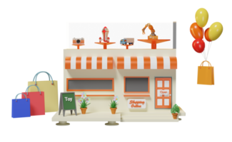 café de magasin de construction avec vitrine de jouets, enseigne de devanture de magasin, pot de fleurs, sac en papier shopping isolé. concept d'entreprise de franchise de démarrage, illustration 3d, rendu 3d png