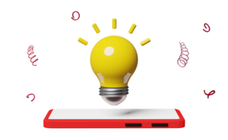 mobile phone or red smartphone with yellow light bulb isolated. idea tip concept, minimal abstract, 3d illustration or 3d render png