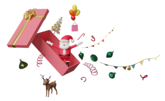 papai noel na caixa de presente aberta rosa, árvore de natal, renas, sacos de papel, balão isolado. site, cartaz ou cartões de felicidade, conceito festivo de ano novo, ilustração 3d, renderização 3d png