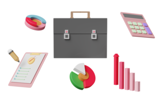 mallette avec analyse des données financières de l'entreprise, liste de contrôle du presse-papiers blanc, calculatrice, flèche, graphique à barres isolé. marketing en ligne, concept de stratégie d'entreprise, illustration 3d, rendu 3d png