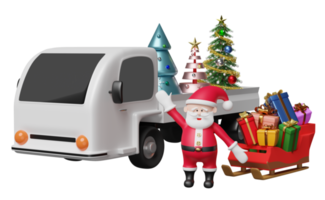 santa claus with sleigh, gift box, christmas tree, truck isolated. website or poster or Happiness cards, banner and festive New Year, order tracking concept, 3d illustration or 3d render png