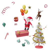 papai noel na caixa de presente rosa, árvore de natal, renas, balão isolado. site, cartaz ou cartões de felicidade, conceito festivo de ano novo, ilustração 3d ou renderização 3d png
