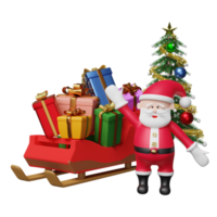 santa claus con trineo, caja de regalo, árbol de navidad aislado. sitio web o afiche o tarjetas de felicidad, pancarta y año nuevo festivo, ilustración 3d o presentación 3d png