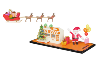 affär Lagra främre med mobil telefon, smartphone, handla papper påsar, santa claus, jul träd, ren isolerat. lycka kort, festlig ny år begrepp, 3d illustration, 3d framställa png