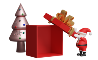 santa claus con caja de regalo abierta roja vacía, árbol de navidad aislado. sitio web, afiche o tarjetas de felicidad, concepto festivo de año nuevo, ilustración 3d o presentación 3d png