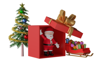 Santa claus with sleigh red open gift box, christmas tree isolated. website, poster or happiness cards, festive New Year concept, 3d illustration or 3d render png
