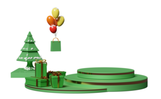 podio de la etapa del cilindro vacío con caja de regalo, árbol de navidad, espacio, bolsas de papel de compras aisladas. sitio web, afiche o tarjetas de felicidad, concepto festivo de año nuevo, ilustración 3d o presentación 3d png