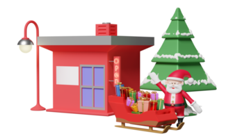 Shop Ladenfront mit Weihnachtsbaum, Geschenkbox, Schlitten, Weihnachtsmann isoliert. Start-Franchise-Geschäft, Glückskarten, festliches Neujahrskonzept, 3D-Illustration, 3D-Rendering png